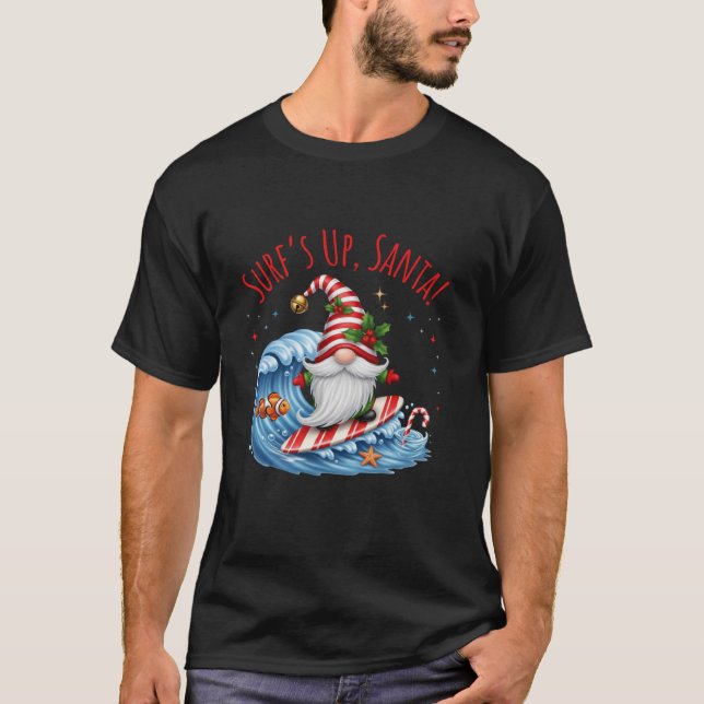Surf s Up Santa Funny Christmas Gnome  T-Shirt (Front)
