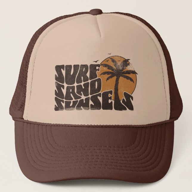Surf Sand Sunsets Beach Life Palm Tree Trucker Hat (Front)