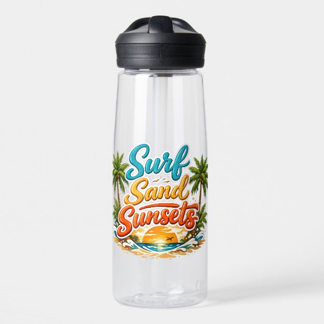 Surf Sand Sunsets Tropical Beach Design Water Bottle (Front)