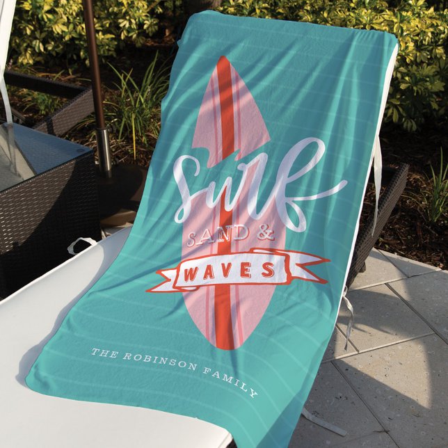 Surf Sand & Waves Retro Pink & Teal Surfboard Beach Towel (Creator Uploaded)