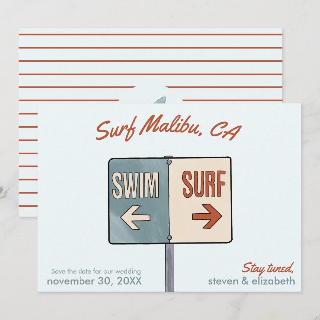 Surf Save The Date, Malibu, California  Invitation (Front/Back)