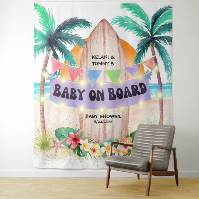 Surf & Sea Baby On Board Beach Baby Shower  Tapestry (In Situ)