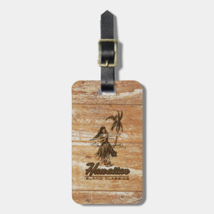 Surf Shack Hawaiian Hula Girl Faux Wood Luggage Tag