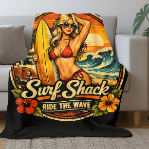 Surf Shack Surfer Pin-Up   Ride The Waves Beach Fleece Blanket