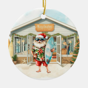 Surf shop Christmas with Santa at beach Ceramic Tree Decoration