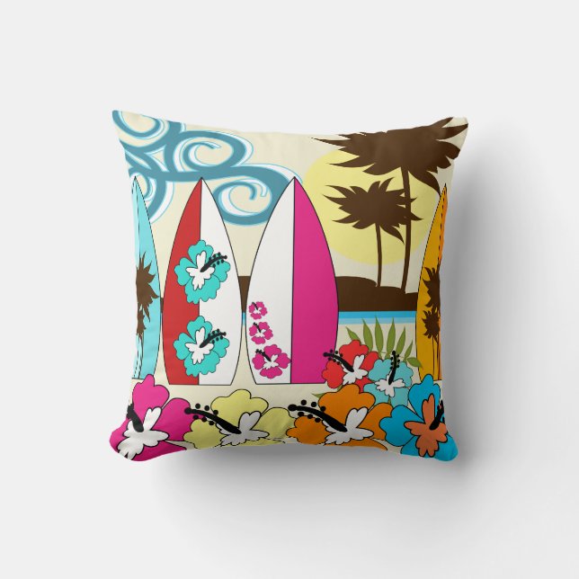 Surf Shop Surfing Ocean Beach Surfboards Palm Tree Cushion (Front)