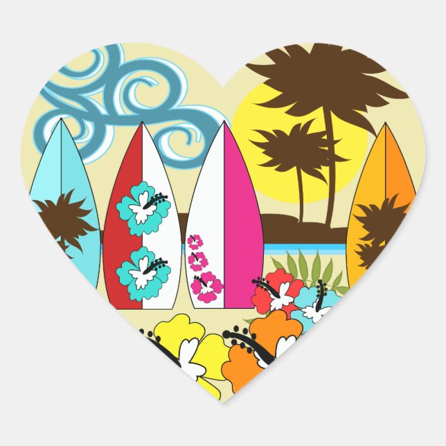 Surf Shop Surfing Ocean Beach Surfboards Palm Tree Heart Sticker (Front)