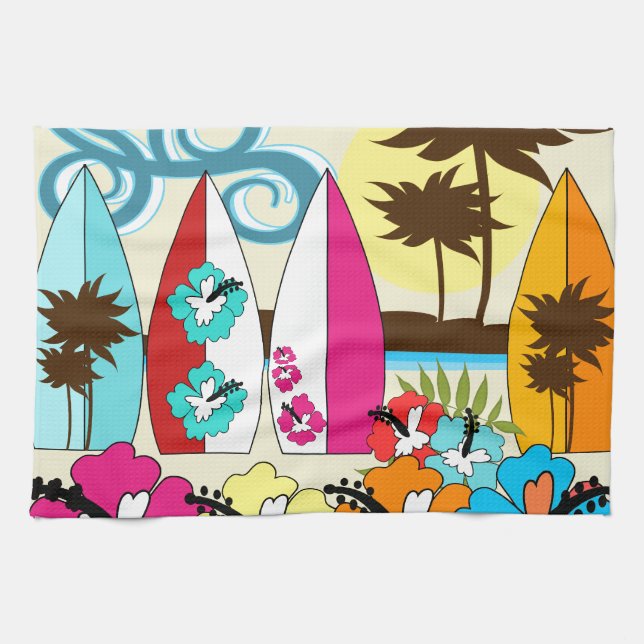 Surf Shop Surfing Ocean Beach Surfboards Palm Tree Tea Towel (Horizontal)