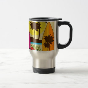 Surf Shop Surfing Ocean Beach Surfboards Palm Tree Travel Mug