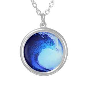 surf style blue wave silver plated necklace