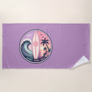 Surf • Sun • Sea Retro Tropical Wave Badge Vinta Beach Towel