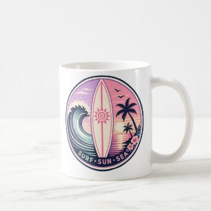 Surf • Sun • Sea Retro Tropical Wave Badge   Vinta Coffee Mug