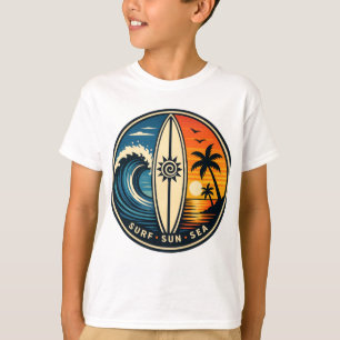 Surf • Sun • Sea Retro Tropical Wave Badge Vinta T-Shirt