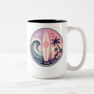 Surf • Sun • Sea Retro Tropical Wave Badge   Vinta Two-Tone Coffee Mug