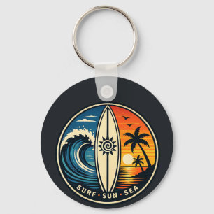 Surf Sun Sea Vintage Badge – Surfboard Sunset Wave Key Ring