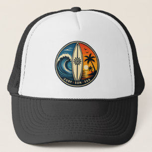 Surf Sun Sea Vintage Badge – Surfboard Sunset Wave Trucker Hat