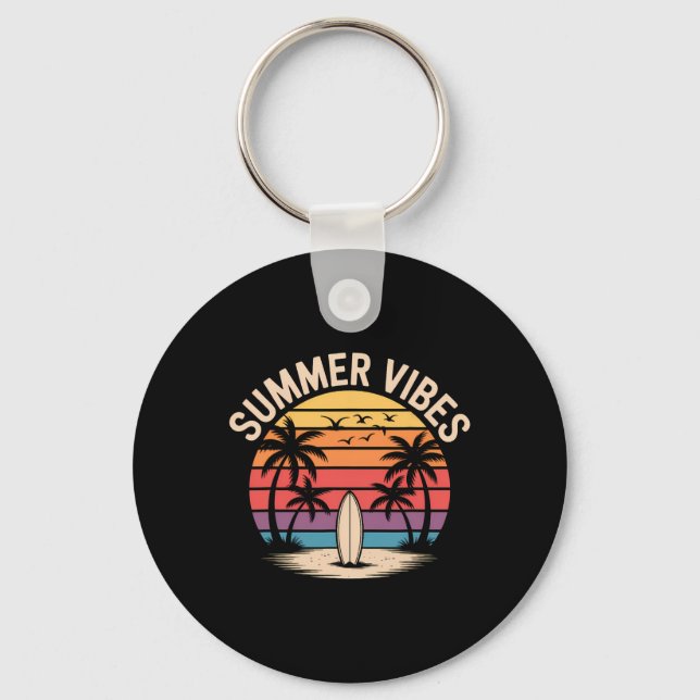 Surf Sunset Summer Vibes Retro Beach Palm Trees  Key Ring (Front)