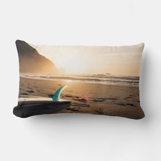 Surf Themed, Surfboard Lays On The Sandy Beach As Lumbar Cushion (Front)