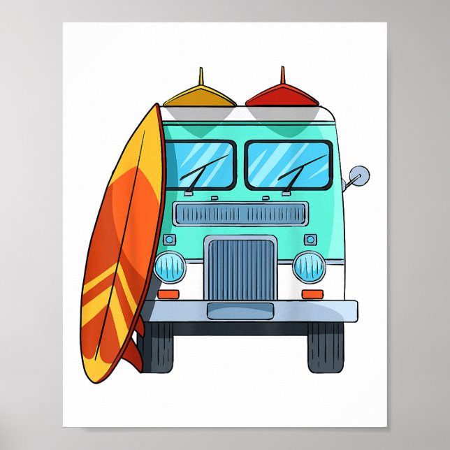 Surf Van Surfboard Palm Trees Surfing Surfer Waves Poster (Front)
