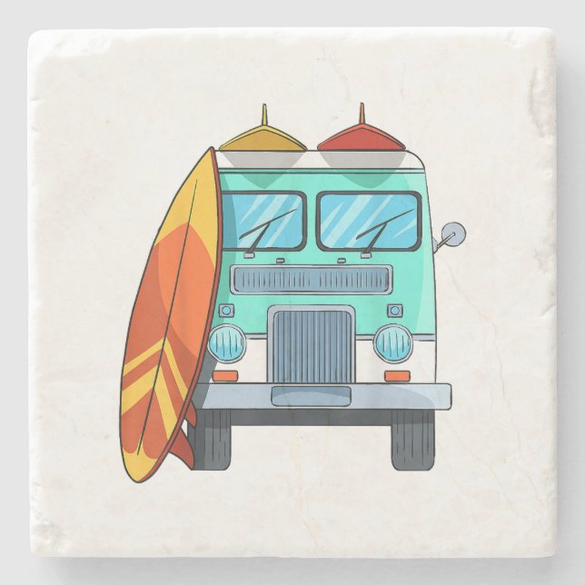 Surf Van Surfboard Palm Trees Surfing Surfer Waves Stone Coaster (Front)