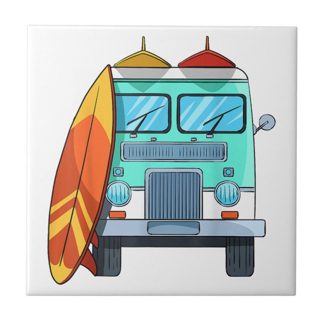 Surf Van Surfboard Palm Trees Surfing Surfer Waves Tile (Front)