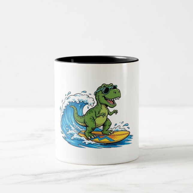 surfasaurus a surfing dinosaur Two-Tone coffee mug (Center)