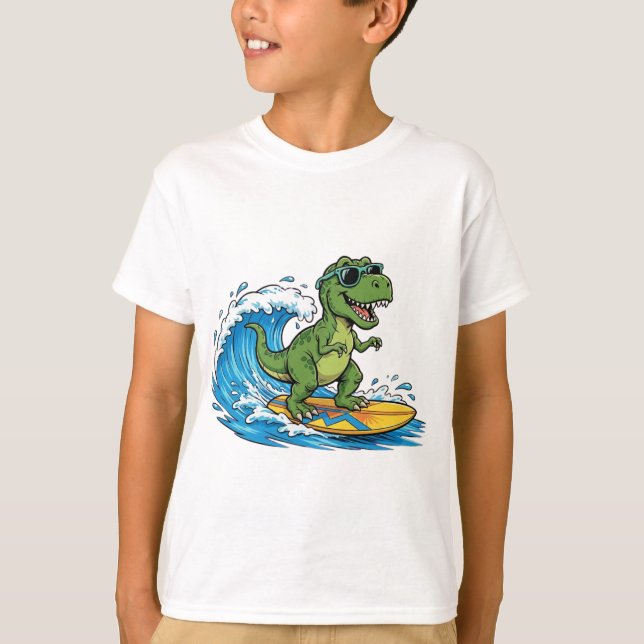 surfasaurus t shirt a surfing dinosaur (Front)