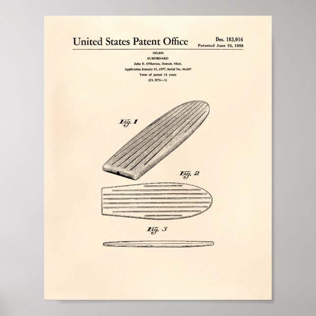 Surfboard 1958 Patent Art Old Peper Poster (Front)