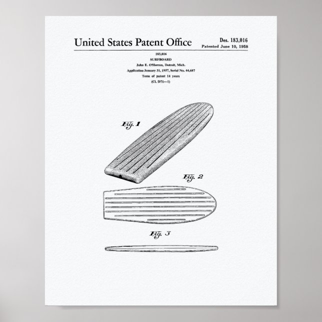 Surfboard 1958 Patent Art White Paper Poster (Front)