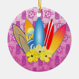 Surfboard and Hibiscus Flowers Ceramic Tree Decoration