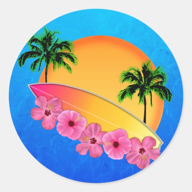 Surfboard and Hibiscus Flowers Classic Round Sticker (Front)