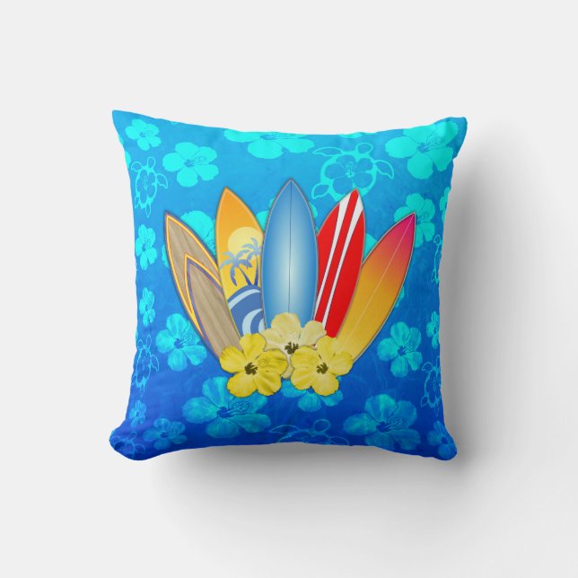 Surfboard and Hibiscus Flowers Cushion (Front)