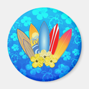 Surfboard and Hibiscus Flowers Magnet