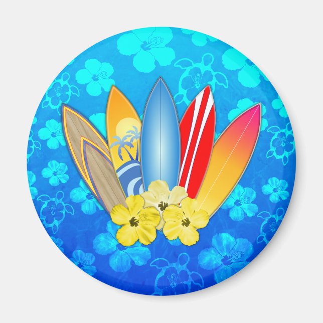 Surfboard and Hibiscus Flowers Magnet (Front)