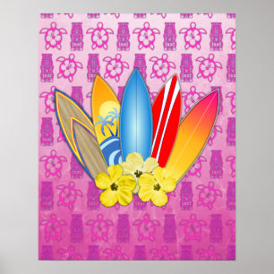 Surfboard and Hibiscus Flowers Poster