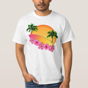 Surfboard and Hibiscus Flowers T-Shirt