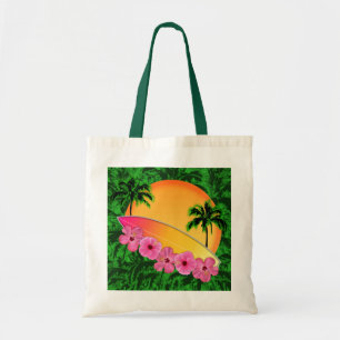 Surfboard and Hibiscus Flowers Tote Bag