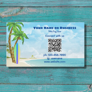 Surfboard and Palm Trees | QR Code Tropical Beach Business Card