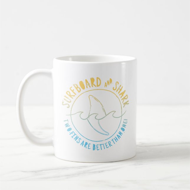 Surfboard And Shark Funny Summer Beach Vacation  Coffee Mug (Left)
