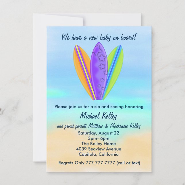 Surfboard Beach Baby Sip and See Shower Party Invitation (Front)
