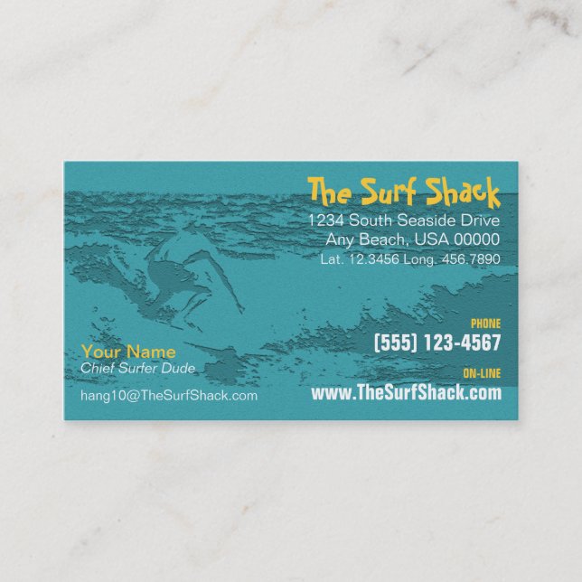 Surfboard, Beach, Coastal & Surfing Store Contact Business Card (Front)