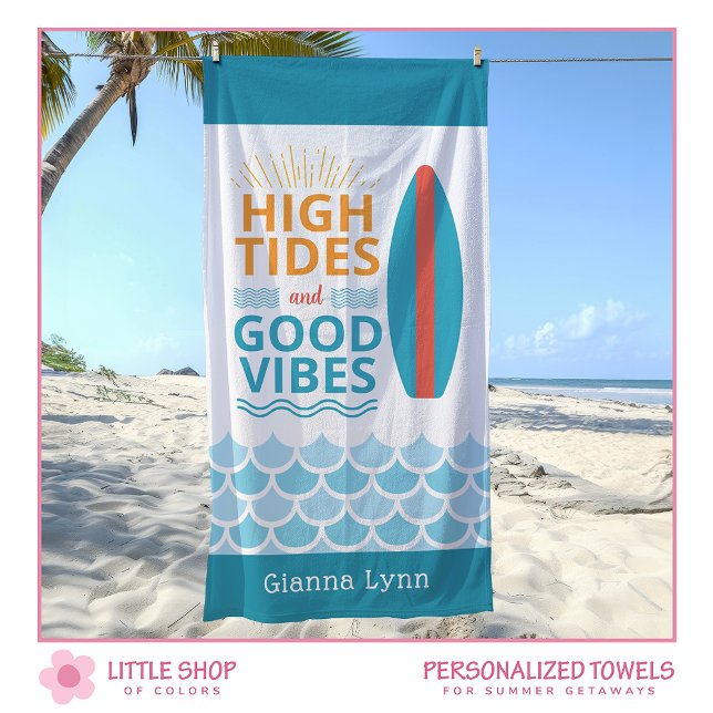 Surfboard High Tides Good Vibes Customisable Beach Towel (Creator Uploaded)