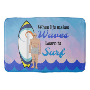 Surfboard Ocean Waves Blue Motivational Quote Bath Mat