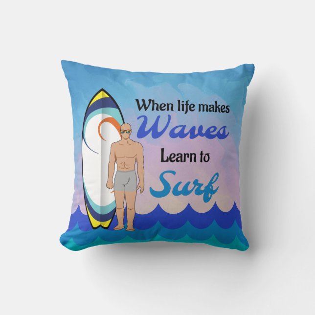 Surfboard Ocean Waves Blue Motivational Quote Cushion (Front)