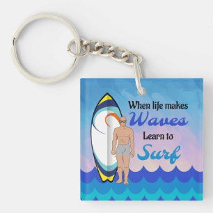 Surfboard Ocean Waves Blue Motivational Quote Key Ring