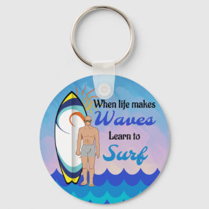 Surfboard Ocean Waves Blue Motivational Quote Key Ring