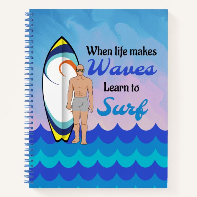 Surfboard Ocean Waves Blue Motivational Quote Notebook (Front)