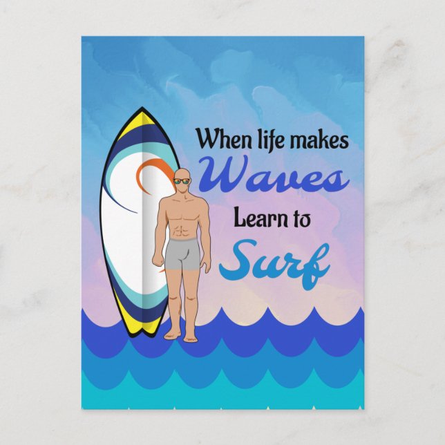 Surfboard Ocean Waves Blue Motivational Quote Postcard (Front)