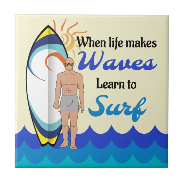 Surfboard Ocean Waves Blue Motivational Quote Tile (Front)