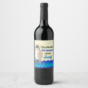Surfboard Ocean Waves Blue Motivational Quote Wine Label